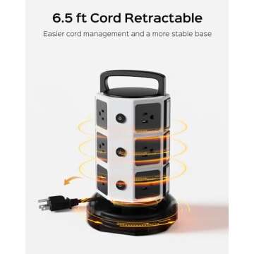 Power Strip Tower Surge Protector, JACKYLED 12 Outlets 6 USB (2 USB C) Charging Station, Extension Cord with Multiple Outlets, 1050J 1625W/13A Outlet Extender 6.5ft Extension Cord for Home Office