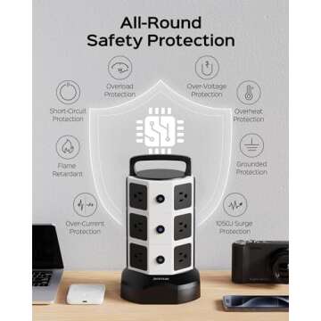 Power Strip Tower Surge Protector, JACKYLED 12 Outlets 6 USB (2 USB C) Charging Station, Extension Cord with Multiple Outlets, 1050J 1625W/13A Outlet Extender 6.5ft Extension Cord for Home Office