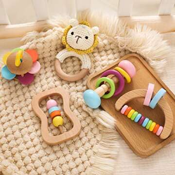 Wooden Baby Rattle Toys 5 PCS Rattle Set for Babies 0-6-12 Months Safari Animals Crochet Rattle Ring...