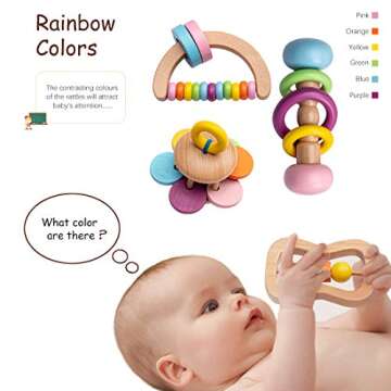 Wooden Baby Rattle Toys 5 PCS Rattle Set for Babies 0-6-12 Months Safari Animals Crochet Rattle Ring with Gift Box Wooden Montessori Toy for Newborn Infant Baby