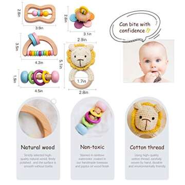 Wooden Baby Rattle Toys 5 PCS Rattle Set for Babies 0-6-12 Months Safari Animals Crochet Rattle Ring with Gift Box Wooden Montessori Toy for Newborn Infant Baby