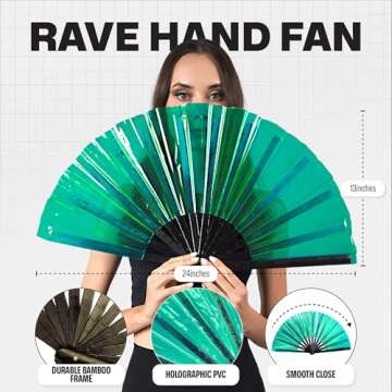 SoJourner Bags Holographic Teal Rave Fan - Large Folding Clack Fan for Men and Women - Rave Accessor...