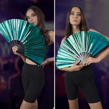 SoJourner Bags Holographic Teal Rave Fan - Large Folding Clack Fan for Men and Women - Rave Accessories for EDM, Line Dancing, Cosplay, Concerts and More