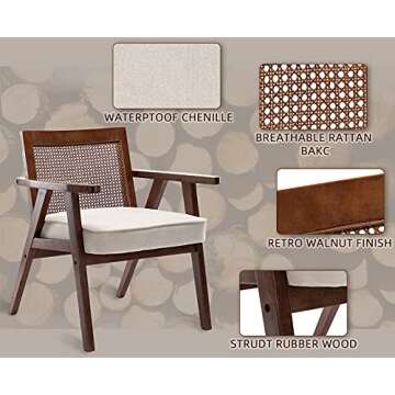 Guyou Mid Century Modern Chair, Accent Rattan Chair with Mesh Back Upholstered Retro Wooden Boho Wic...
