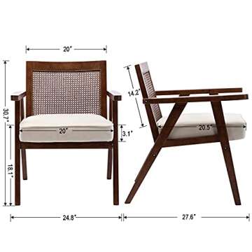 Guyou Mid Century Modern Chair, Accent Rattan Chair with Mesh Back Upholstered Retro Wooden Boho Wicker Arm Chair for Living Room Bedroom Indoor Outdoor Patio Furniture (Beige)