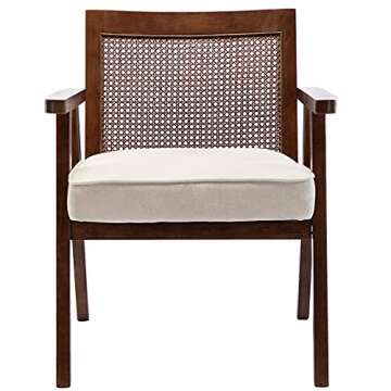 Guyou Mid Century Modern Chair, Accent Rattan Chair with Mesh Back Upholstered Retro Wooden Boho Wicker Arm Chair for Living Room Bedroom Indoor Outdoor Patio Furniture (Beige)