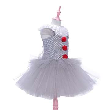 Fantasy J Girls Halloween Clown Tutu Dress Costume, IT Clown Cosplay with Red Balloons for Toddler Kids (Large-5-6Y), Grey