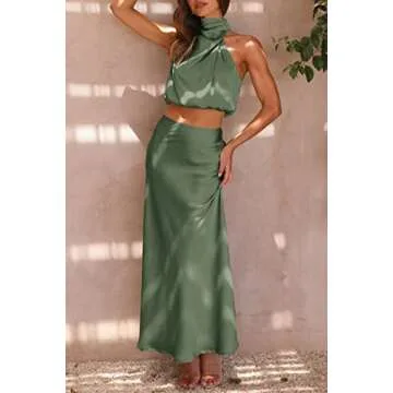 PRETTYGARDEN Women's 2 Piece Satin Outfits Summer Sleeveless Mock Neck Crop Tops and Long Skirt Dress Sets (Army Green,Small)