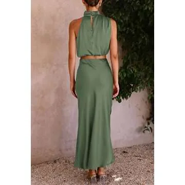 PRETTYGARDEN Women's 2 Piece Satin Outfits Summer Sleeveless Mock Neck Crop Tops and Long Skirt Dress Sets (Army Green,Small)