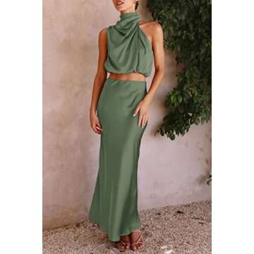 PRETTYGARDEN Women's 2 Piece Satin Outfits Summer Sleeveless Mock Neck Crop Tops and Long Skirt Dress Sets (Army Green,Small)