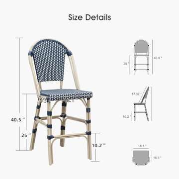 PURPLE LEAF French Counter Height Bar Stool Set of 2 25" White Print Finish Patio Bar Chairs with Back Rattan Bar Chairs French Bistro Set for Kitchen Outdoor Counter Stool Royal Blue