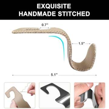 EldHus Car Seat Hooks for Purses and Bags, 2 Pack Car Purse Holder for Grocery Bag Handbag Clothes, Metal Headrest Hooks Covered by Leather, Beige