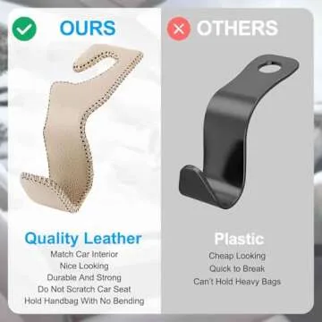 EldHus Car Seat Hooks for Purses and Bags, 2 Pack Car Purse Holder for Grocery Bag Handbag Clothes, Metal Headrest Hooks Covered by Leather, Beige
