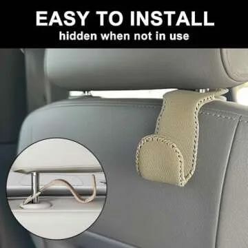 EldHus Car Seat Hooks for Purses and Bags, 2 Pack Car Purse Holder for Grocery Bag Handbag Clothes, Metal Headrest Hooks Covered by Leather, Beige