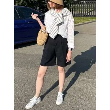 YKR Bermuda Shorts for Women Dressy Elastic High Waisted Knee Length Shorts Casual Wide Leg Summer Shorts with Pockets Black