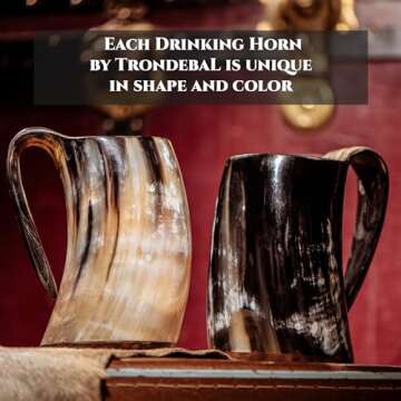 Viking Drinking Horn Mug - Unique Gifts for Men, 15-20 Oz Natural Ox Horn Cup & Cofee Stein | Cool Unique Gift for Brother or Dad, Home Decor Accessories | Shot Glasses for Beer, Ale, Mead, Whiskey
