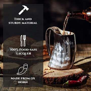 Viking Drinking Horn Mug - Unique Gifts for Men, 15-20 Oz Natural Ox Horn Cup & Cofee Stein | Cool Unique Gift for Brother or Dad, Home Decor Accessories | Shot Glasses for Beer, Ale, Mead, Whiskey