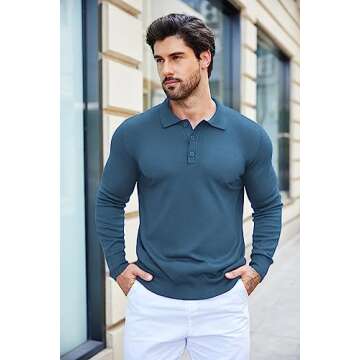 COOFANDY Men's Knit Polo Shirt - Vintage Golf Style, Lightweight, Denim Blue