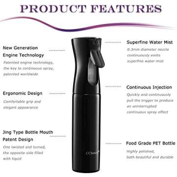 CCbeauty Fine Mist Continuous Spray Bottle,300ml Hair Spray Bottle,Water Spray Bottle,Refillable Empty Spray Bottle for Professional Salon Barber Hairstyling Plants Cleaning,Black