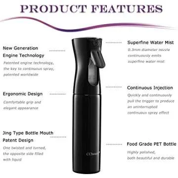 CCbeauty Fine Mist Continuous Spray Bottle,300ml Hair Spray Bottle,Water Spray Bottle,Refillable Empty Spray Bottle for Professional Salon Barber Hairstyling Plants Cleaning,Black