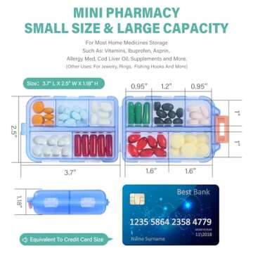 1 Pack Travel Pill Organizer w Labels & 1 Drawstring Pouch, Small 10 Compartments Pocket Pharmacy, Handy Pill Holder Box - Portable Daily Weekly Medicine Container Case - Blue