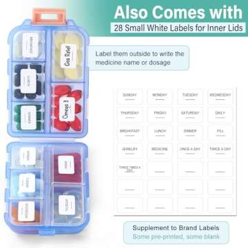 1 Pack Travel Pill Organizer w Labels & 1 Drawstring Pouch, Small 10 Compartments Pocket Pharmacy, Handy Pill Holder Box - Portable Daily Weekly Medicine Container Case - Blue