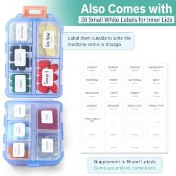 1 Pack Travel Pill Organizer w Labels & 1 Drawstring Pouch, Small 10 Compartments Pocket Pharmacy, Handy Pill Holder Box - Portable Daily Weekly Medicine Container Case - Blue