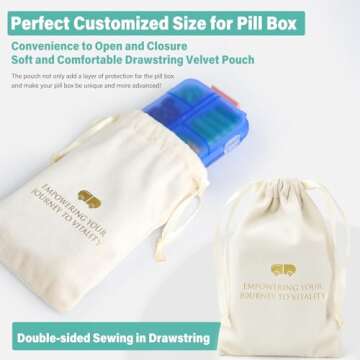 1 Pack Travel Pill Organizer w Labels & 1 Drawstring Pouch, Small 10 Compartments Pocket Pharmacy, Handy Pill Holder Box - Portable Daily Weekly Medicine Container Case - Blue