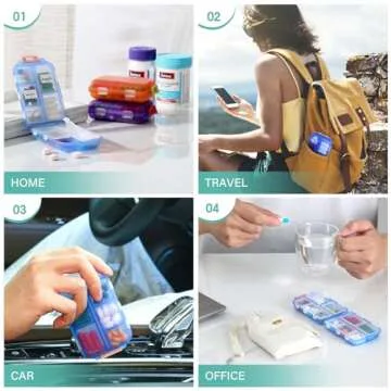 1 Pack Travel Pill Organizer w Labels & 1 Drawstring Pouch, Small 10 Compartments Pocket Pharmacy, Handy Pill Holder Box - Portable Daily Weekly Medicine Container Case - Blue