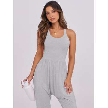 Caracilia Women Jumpsuits 2025 Summer Sleeveless Backless Tank Top Rompers Yoga Gym Workout Jumper One Piece Outfits Grey Large