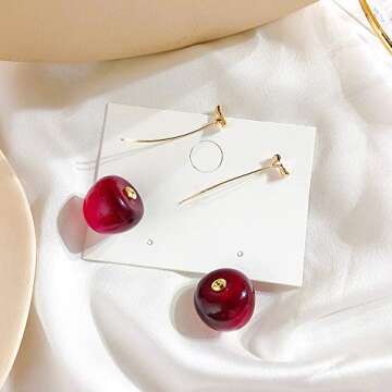 ONEYIM 3D Red Cherry Drop Earrings - Cute Fruit Gold Dangle Earrings