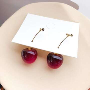 3D Red Cherry Drop Earrings for Playful Style