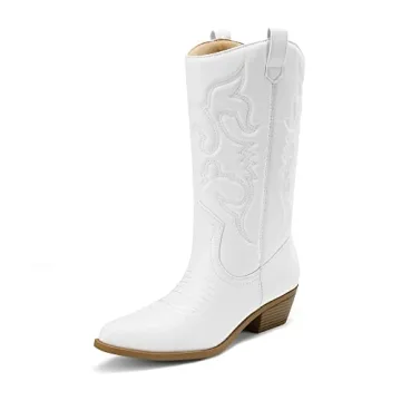 DREAM PAIRS Women's Cowboy Boots – White Mid Calf Cowgirl Boots for Ultimate Style and Comfort