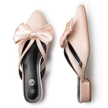 Rekayla Mules for Women Closed Pointed Toe Flats Slip On Women's Mules with Bow Knot Comfortable Backless Loafers Low Heels Casual Work Party Dress Shoes