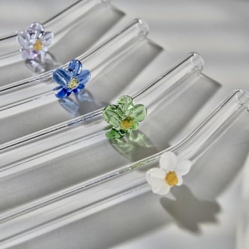 Handmade Glass Straws with Floral Tips Eco-Friendly