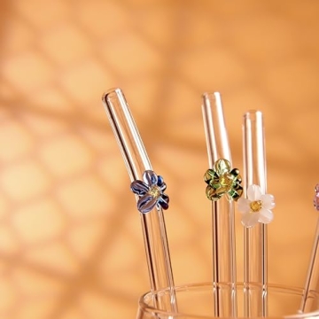 Handmade Glass Straws with Floral Tips Eco-Friendly