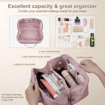 Travel Makeup Bag Large Capacity, Toiletry Bag, Portable Make up Organizer Cosmetics Bag with Handle, Travel Bag for Cosmetic, Gift for Her, Pink