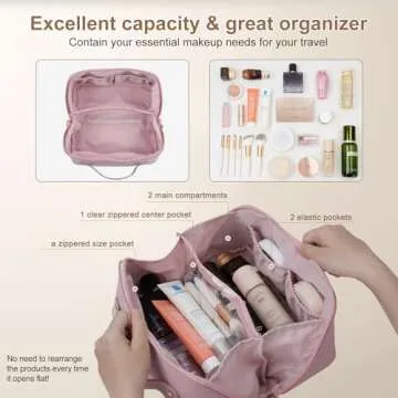 Travel Makeup Bag Large Capacity, Toiletry Bag, Portable Make up Organizer Cosmetics Bag with Handle, Travel Bag for Cosmetic, Gift for Her, Pink