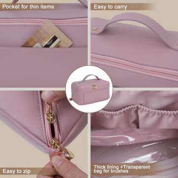 Travel Makeup Bag Large Capacity, Toiletry Bag, Portable Make up Organizer Cosmetics Bag with Handle, Travel Bag for Cosmetic, Gift for Her, Pink