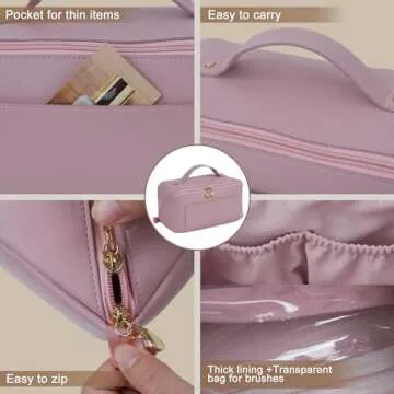Travel Makeup Bag Large Capacity, Toiletry Bag, Portable Make up Organizer Cosmetics Bag with Handle, Travel Bag for Cosmetic, Gift for Her, Pink