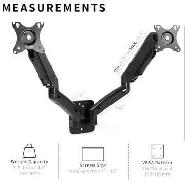 VIVO Height Adjustable Pneumatic Extended Arm Dual Monitor Wall Mount Full Motion Articulating, Fits...