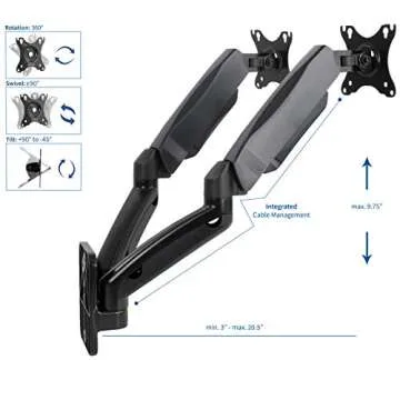 VIVO Height Adjustable Pneumatic Extended Arm Dual Monitor Wall Mount Full Motion Articulating, Fits 2 Screens 17 to 32 inches, Black, MOUNT-V002G