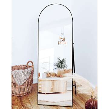Sollertia Full Length Mirror Arched Mirror Wood Frame Standing Mirror Full Length, Large Arched Mirror Full Length Mirror with Stand Black Full Body Mirror, 64" x 21"