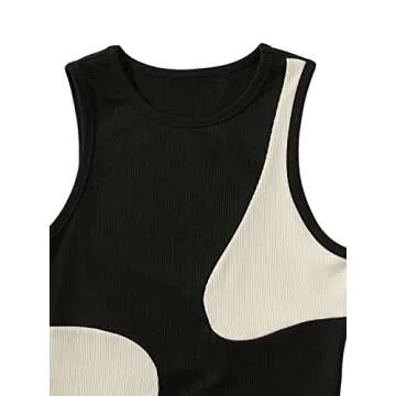 SweatyRocks Women's Ribbed Knit Colorblock Bodysuit Sleeveless Round Neck Tank Tops Bodysuit for Women Summer Slim Fit Black and Cream XL