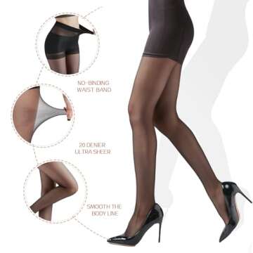G&Y Women's Backseam Sheer Tights - 20D Control Top Pantyhose with Reinforced Toes (Black,L)