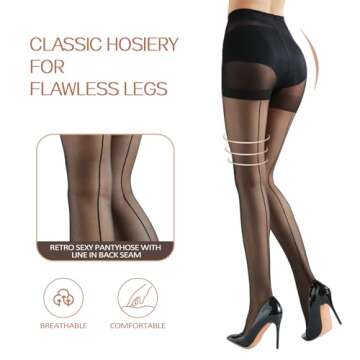 G&Y Women's Backseam Sheer Tights - 20D Control Top Pantyhose with Reinforced Toes (Black,L)