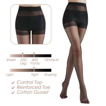 G&Y Women's Backseam Sheer Tights - 20D Control Top Pantyhose with Reinforced Toes (Black,L)