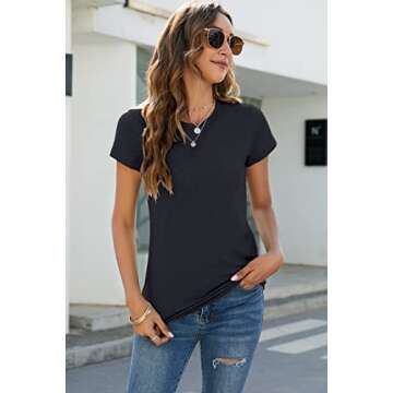 Sherosa Ladies Tops and Blouses Short Sleeve Crewneck Casual Simple Clothes Black S