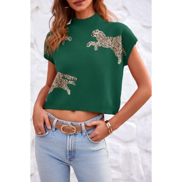 Saodimallsu Womens Leopard Print Tops Cap Sleeve Mock Neck 2024 Trendy Sleeveless Top Cropped Sweater Vest