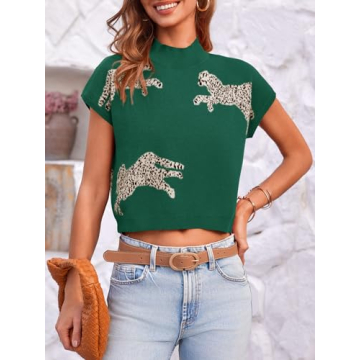 Saodimallsu Womens Leopard Print Tops Cap Sleeve Mock Neck 2024 Trendy Sleeveless Top Cropped Sweater Vest